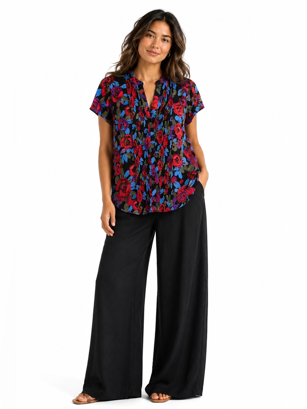 Maison Jules XXL Black Floral Pintuck Blouse Short Sleeve Boho Career Top